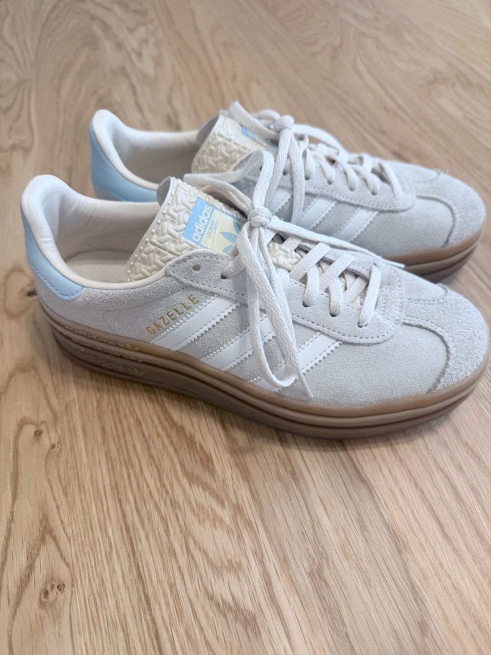 adidas Women’s Cream Suede Gazelle Sneakers with Light Blue Heel